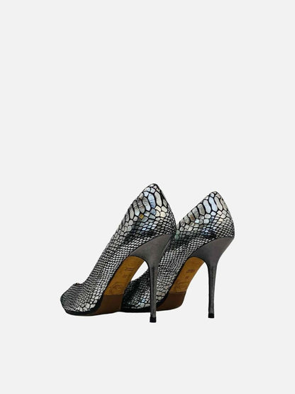 Pre - loved LUCY CHOI Metallic Silver Snake Print Pumps at Reems Closet