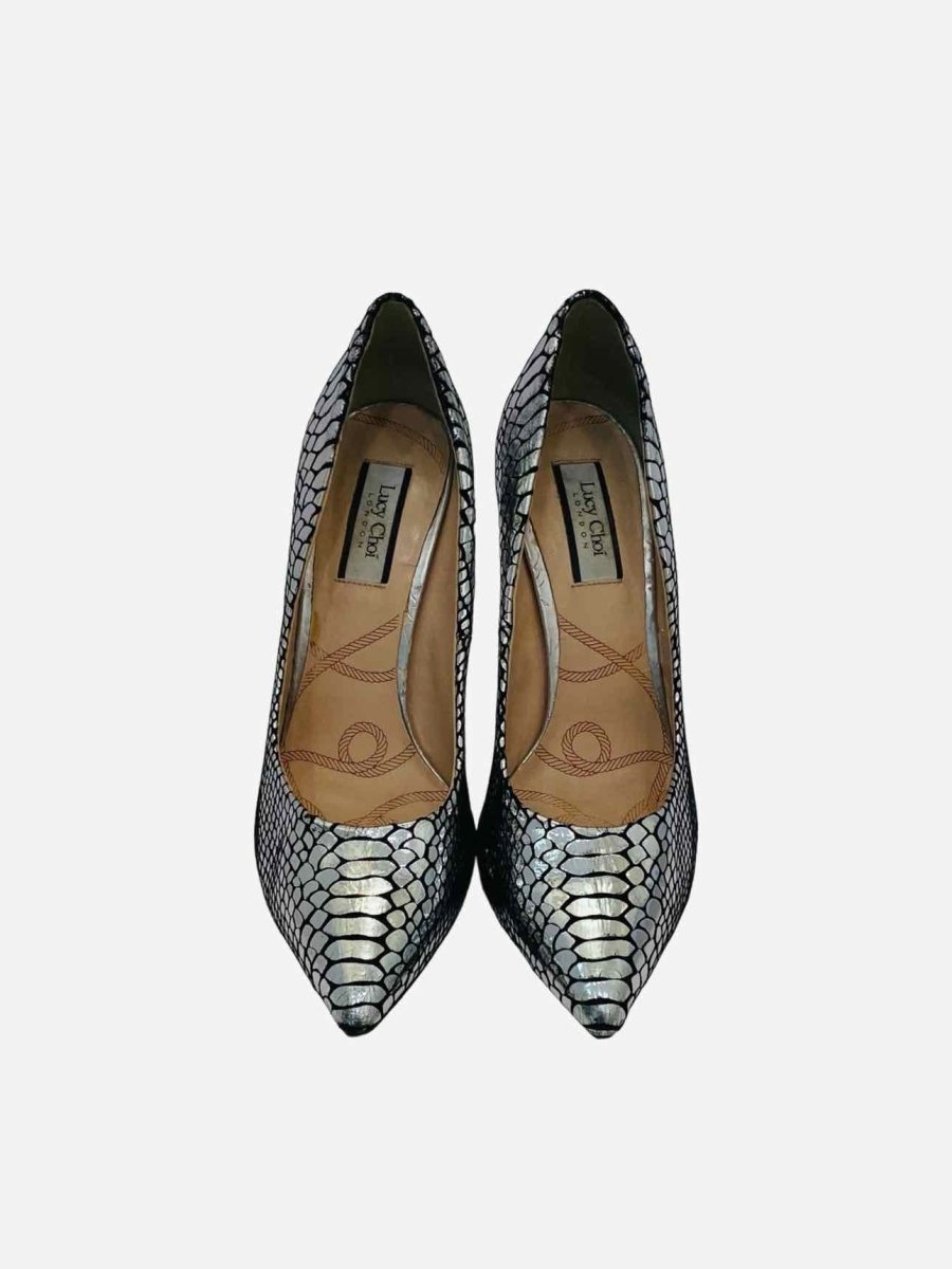 Pre - loved LUCY CHOI Metallic Silver Snake Print Pumps at Reems Closet