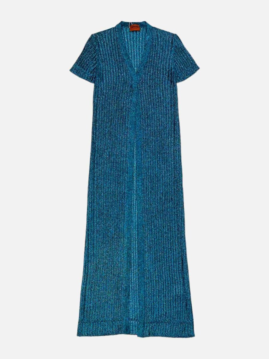 Pre - loved MISSONI Metallic Blue Ribbed Size US 6 Long Cardigan at Reems Closet