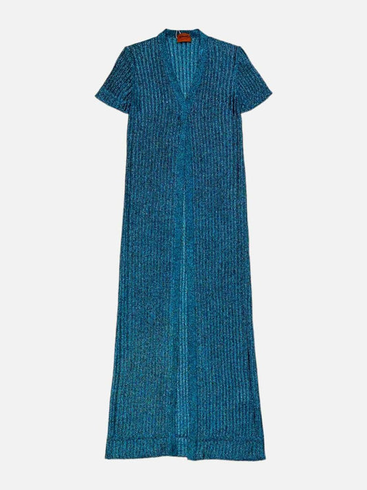 Pre - loved MISSONI Metallic Blue Ribbed Size US 6 Long Cardigan at Reems Closet