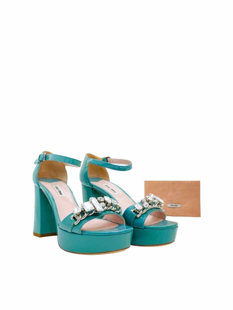 Pre-loved MIU MIU Ankle Strap Turquoise Heeled Sandals from Reems Closet