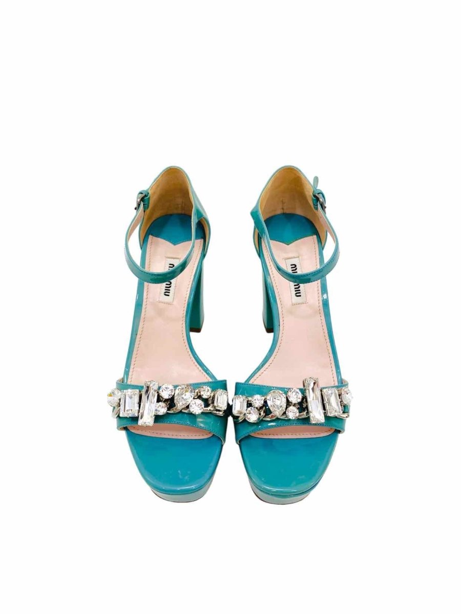 Pre-loved MIU MIU Ankle Strap Turquoise Heeled Sandals from Reems Closet