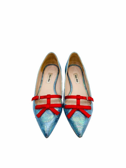 Pre-loved MIU MIU Metallic Blue Flat Shoes - Reems Closet