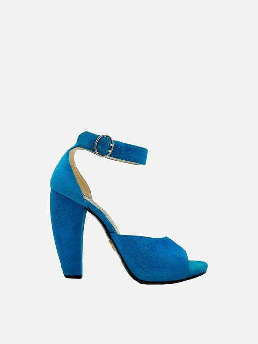 Pre-loved PRADA Curved Blue Heeled Sandals from Reems Closet