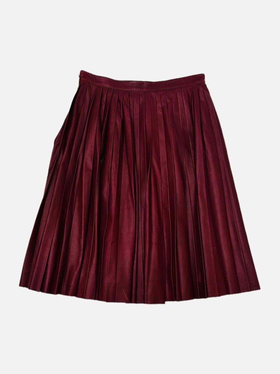 Pre-loved PRADA Leather Burgundy Pleated Knee Length Skirt from Reems Closet