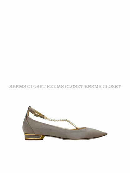 Pre-loved RENE CAOVILLA Grey Pearl Detail Flats - Reems Closet