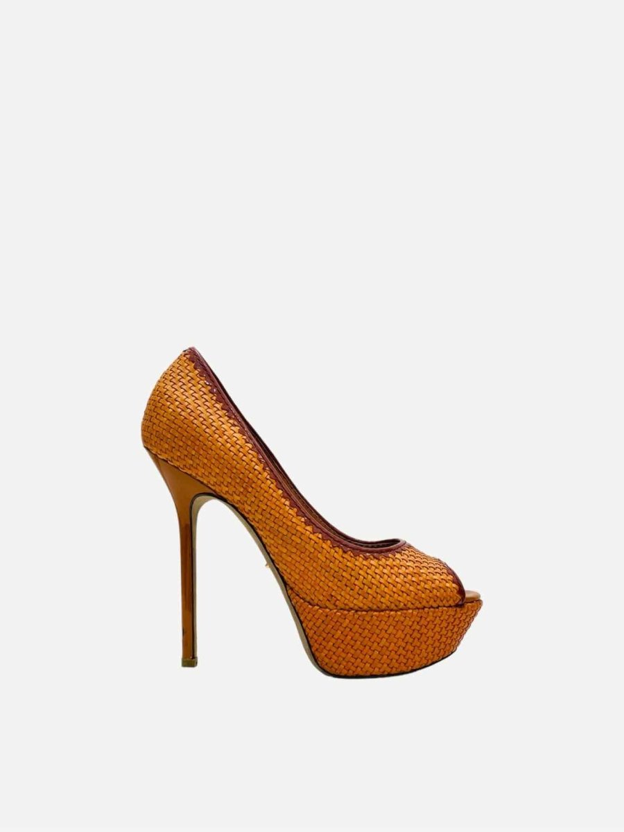 Pre - loved SERGIO ROSSI Peep Toe Orange Woven Pumps at Reems Closet